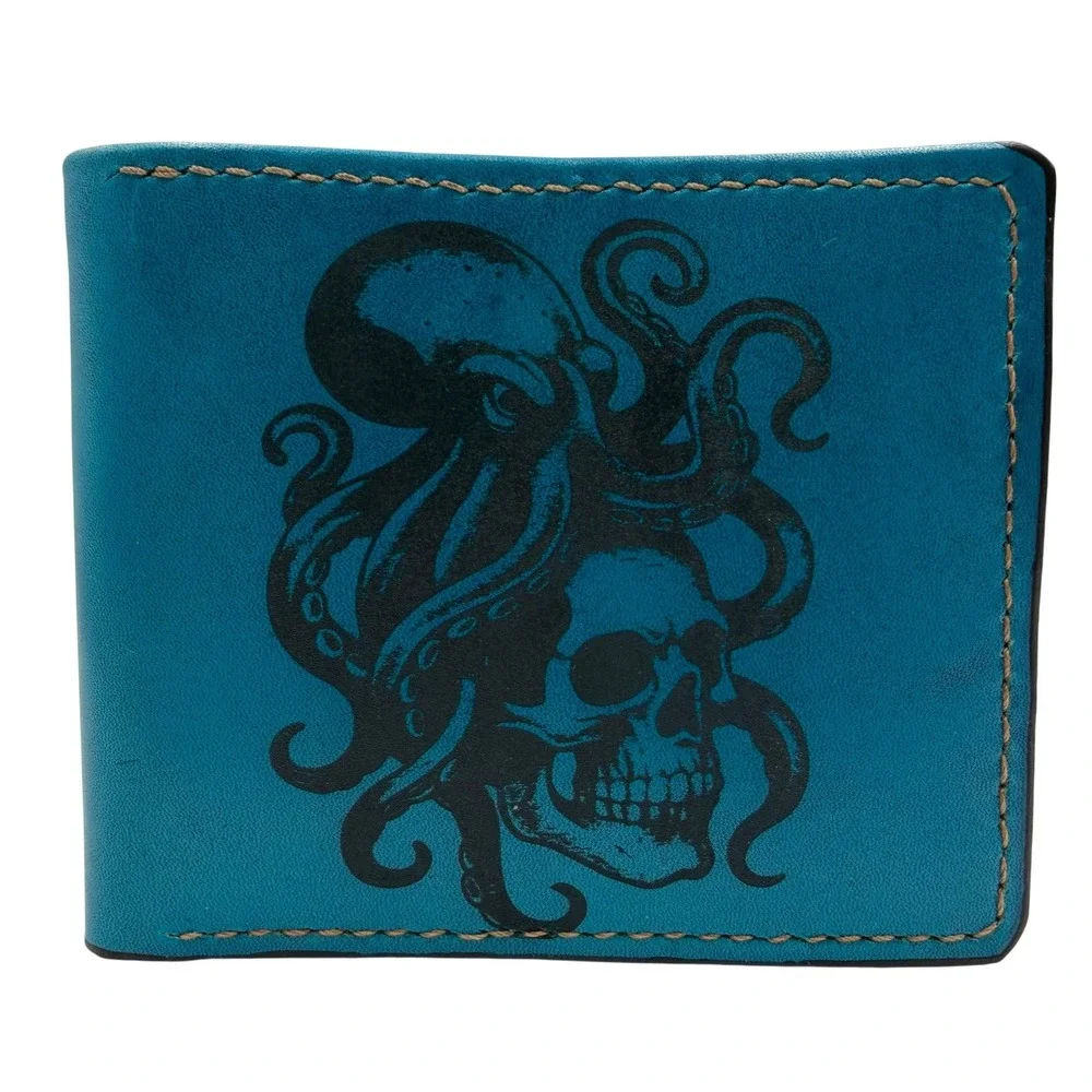Mayan Corner Teal Leather Octopus Skull Bifold Wallet Handmade Nautical Gothic